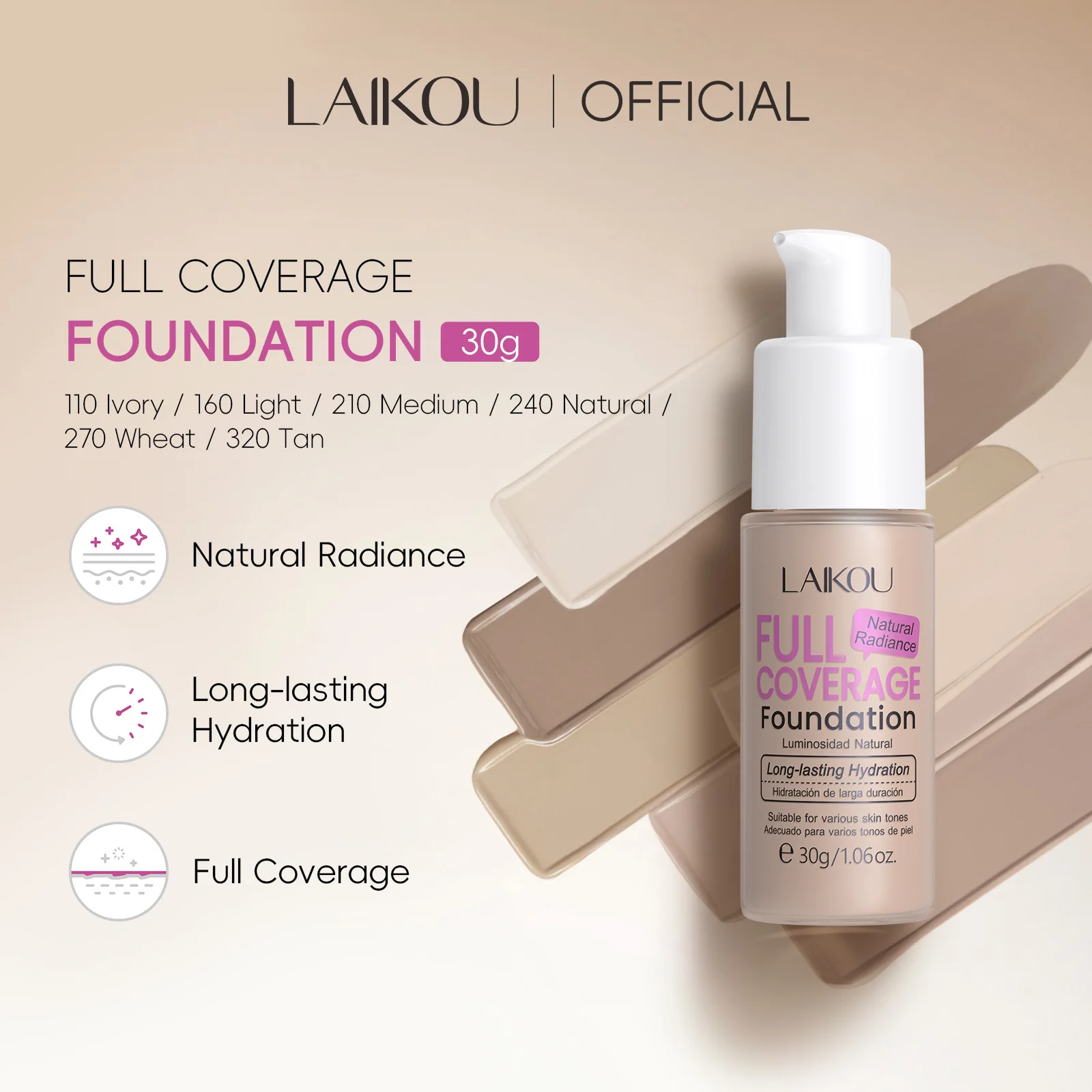 LAIKOU Makeup Base Face Liquid Foundation BB Cream Concealer Moisturizer Oil-control Whitening Waterproof Maquiagem Makeup 30g