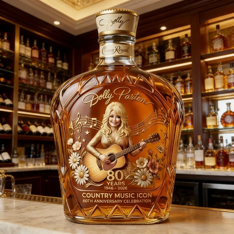 Dolly Parton Premium Country Music Themed Whiskey Decanter, Handcrafted Clear Glass Liquor Bottle with Guitar & Floral Relief