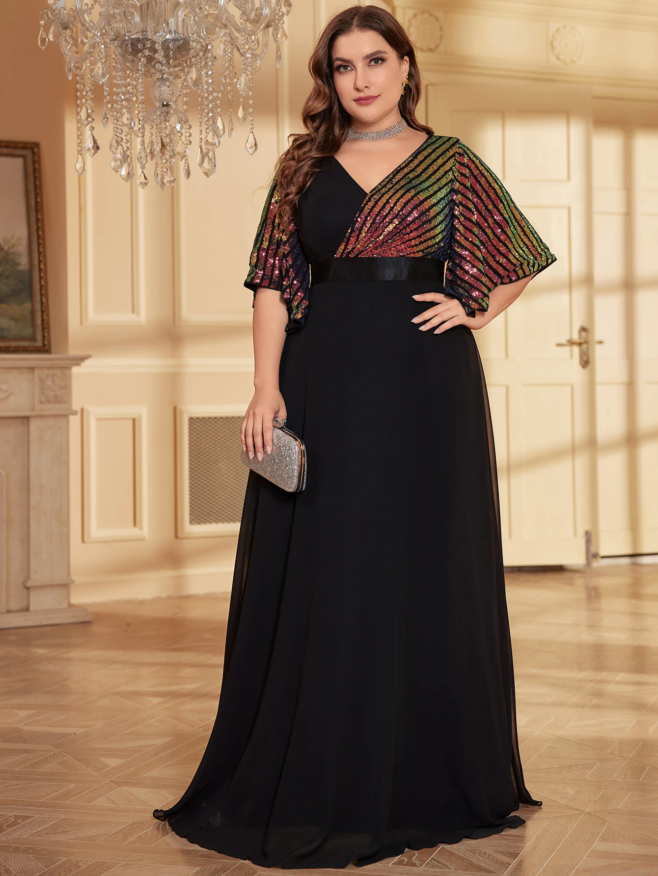 فستان سهرة رسمي نسائي ، كم زهور ، ترتر لامع ، شيفون مرقع ، بطول الأرض ، مقاس كبير #3