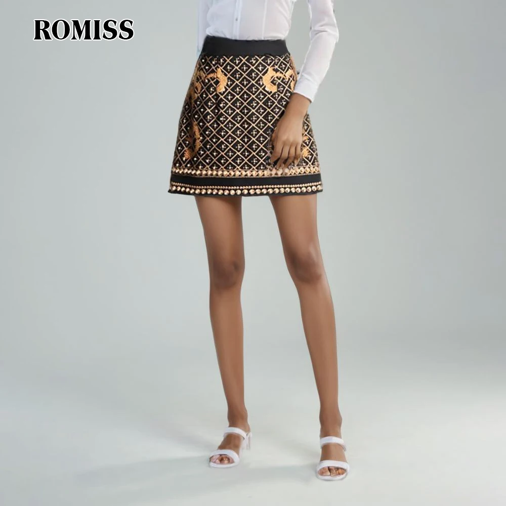 ROMISS 2024 Spring Temperament Retro Print Bead High Waist Slim Design Short A-line Half Skirt Women's Short Skirt