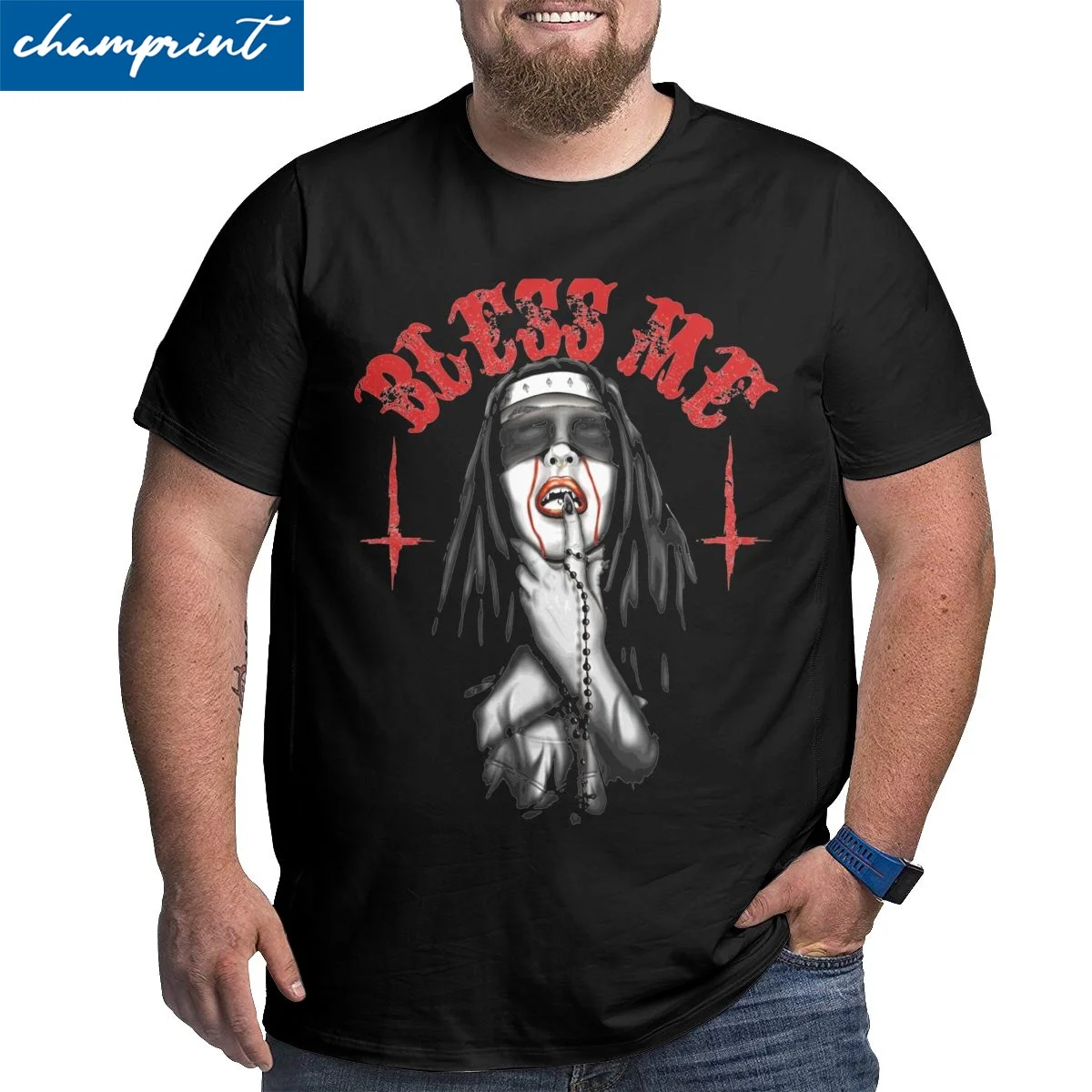 Bless Me Unholy Nun Rock Hardcore T-Shirts Men Cool Pure Cotton Big Tall Tee Shirt Short Sleeve T Shirts Large 5XL 6XL Clothes