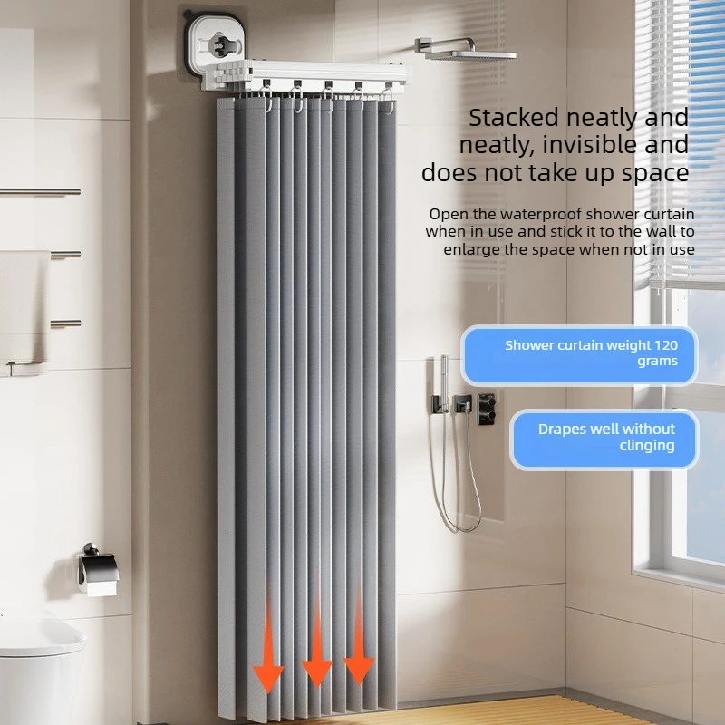 Suction Cup Foldable Shower Curtain Rod Set, No Drilling Bathroom Partition Rod with Storage Rack, Wet Dry Separation