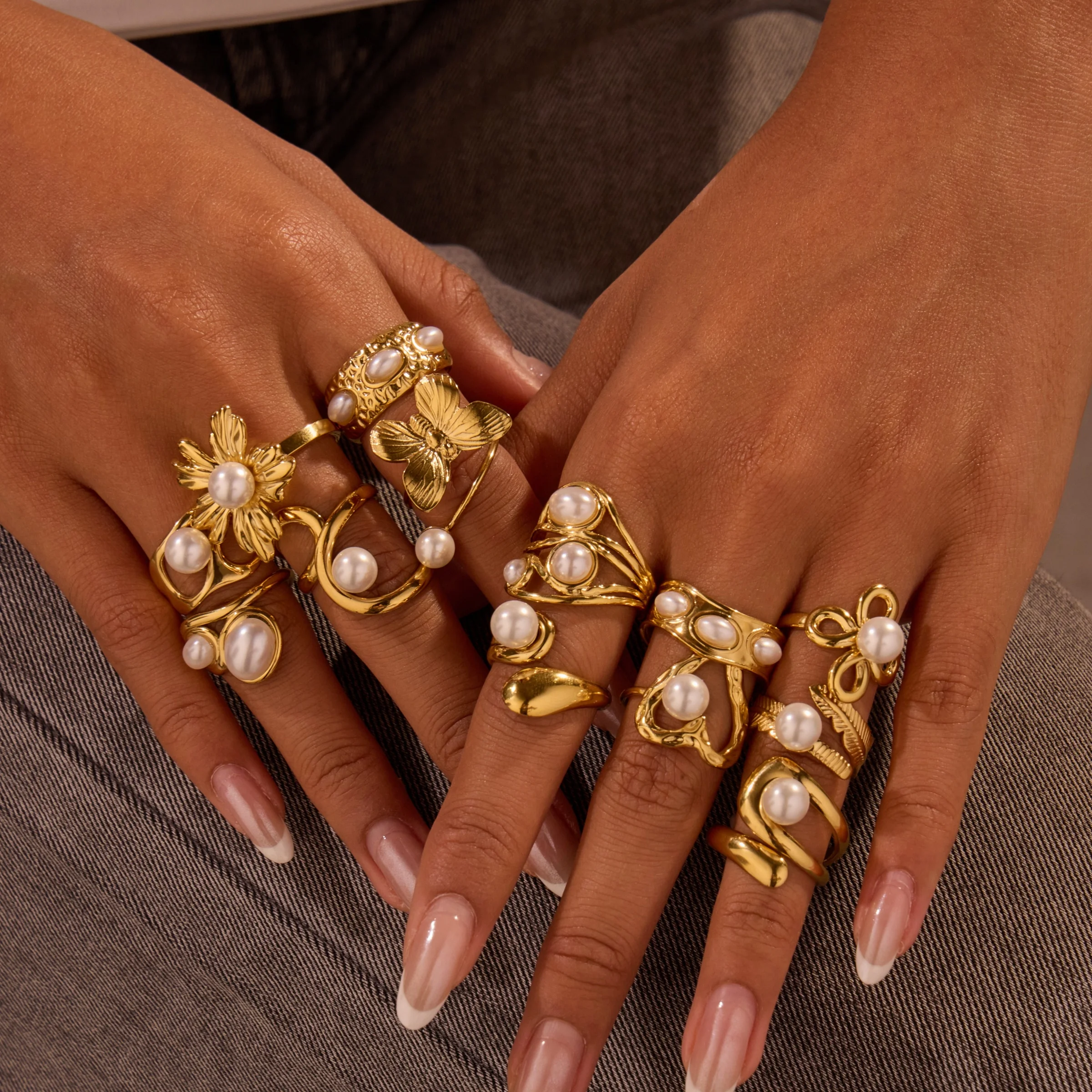 NIMAI Autumn Vintage Pearl Open Ring Mother Gift Heart Butterfly Flower Stainless Steel Adjustable Ring Gold Plated Jewelry