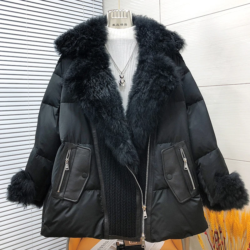 2023 Natural Lamb Fur Coat Women Goose Down Jacket Luxury Down Motorcycle Suit For Women