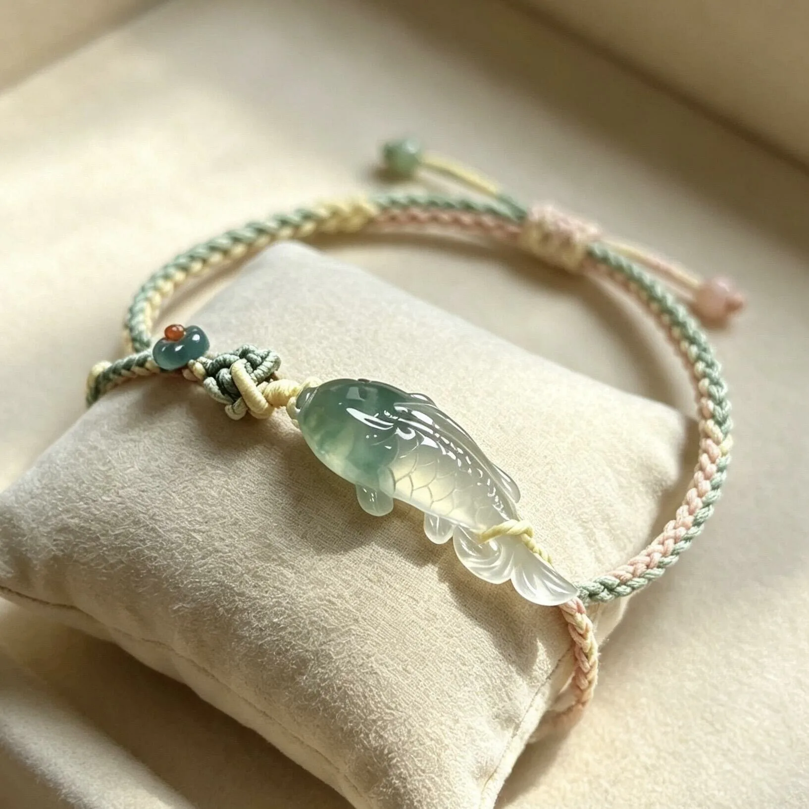 Chinese Style Lucky Koi Fish Bracelet Adjustable Handmade Braided Rope Translucent Green Carp Charm Bracelet For Her Good Luck