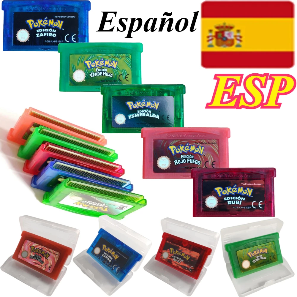 Cartucho de videogame GBA de 32 bits, série Pokémon (Emerald/Red Fuego/Leaf Green/Ruby/Sapphire), versão ESP, presente para crianças