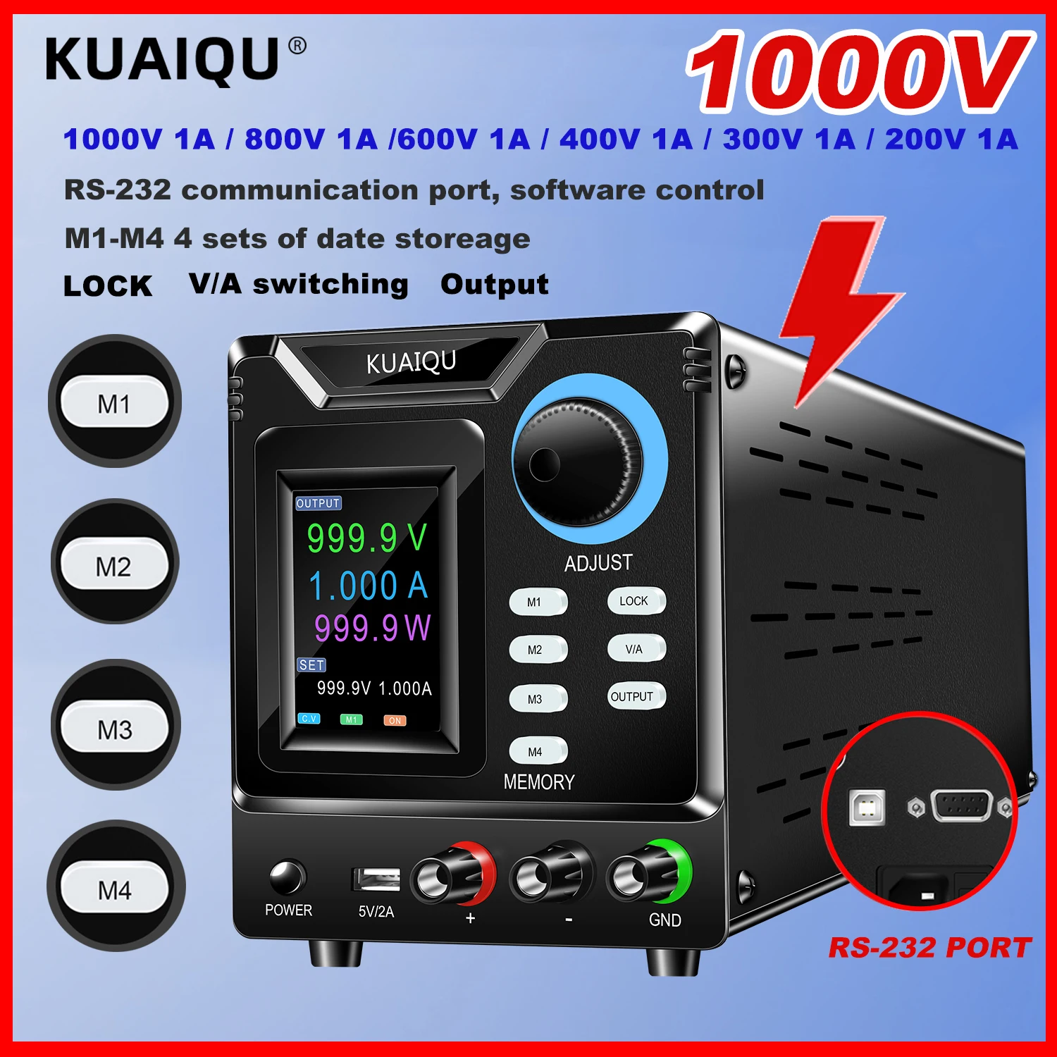 Kuaiqu 1000V 1A 0.1A DC Power Supply 800V 600V Adjustable Precision Digital Programmable Laboratory Switching Bench Source 400V