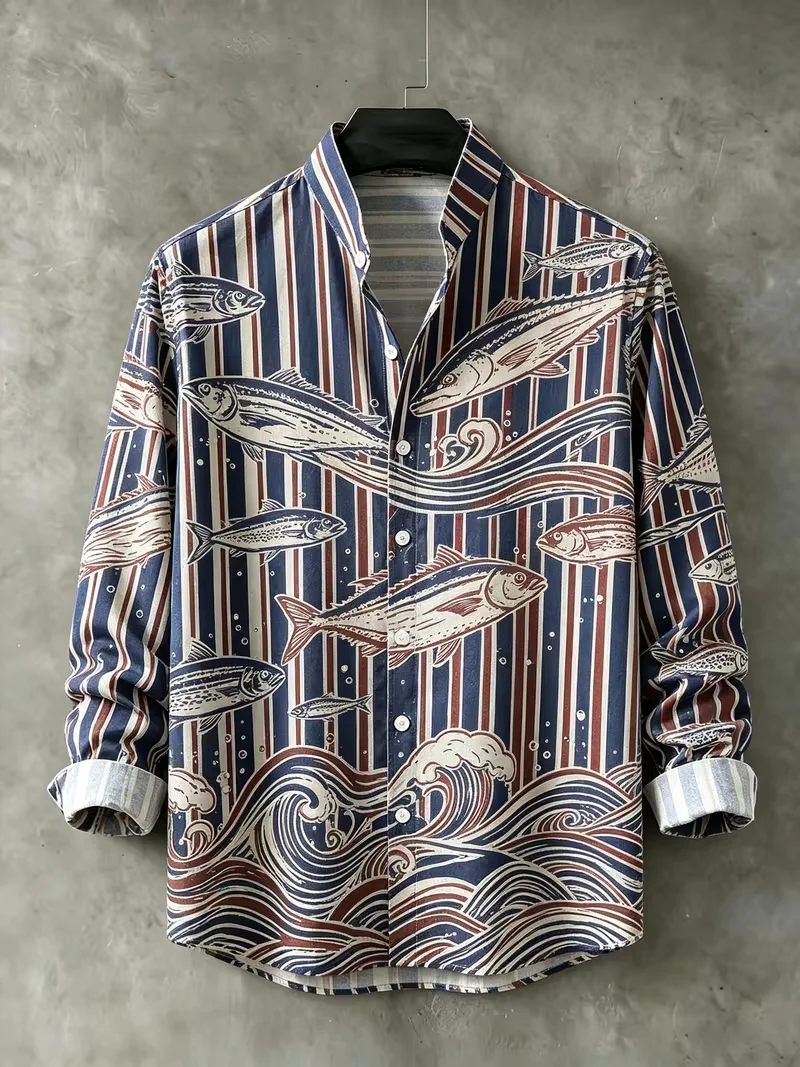 New men's retro ocean style shirt with soft vertical stripes, waves, fish schools, 3D printed shirt and clothing