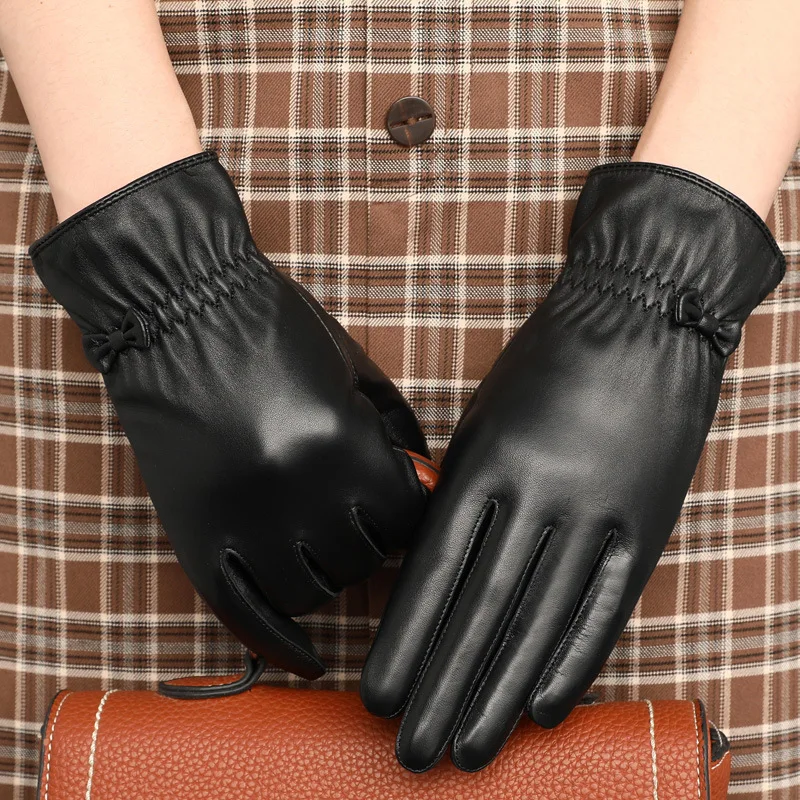 Real Leather Gloves Female Autumn Winter Thicken Touchscreen Fashion Simple Black Sheepskin Women Gloves Driving YSW0008