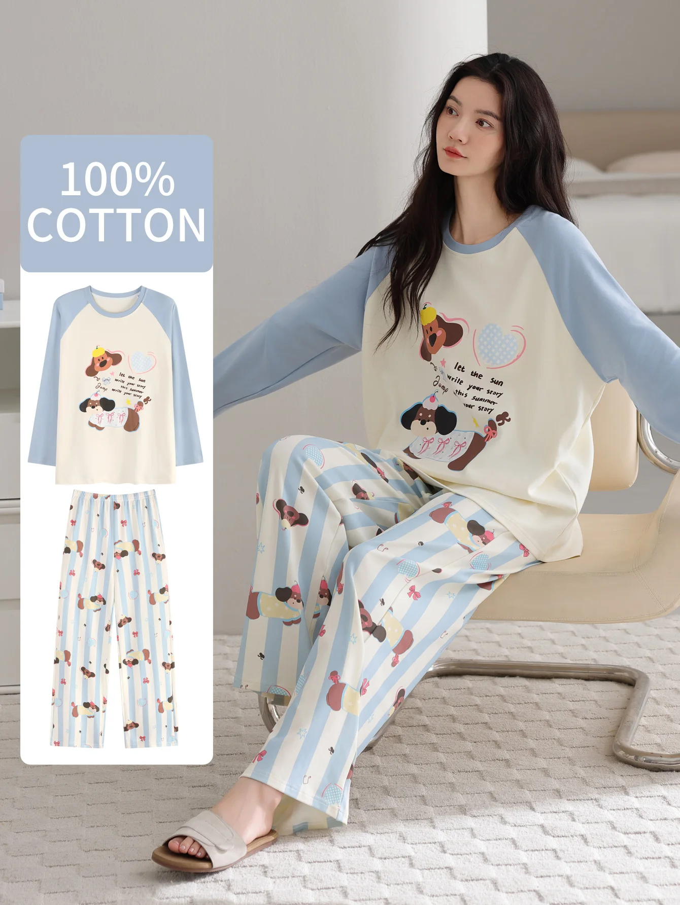 ملابس نوم من القطن الخالص 100% مع وسادة صدر، سراويل نسائية للخريف والشتاء بأكمام طويلة، ملابس نوم نسائية مقاس كبير من القطن الخالص #1