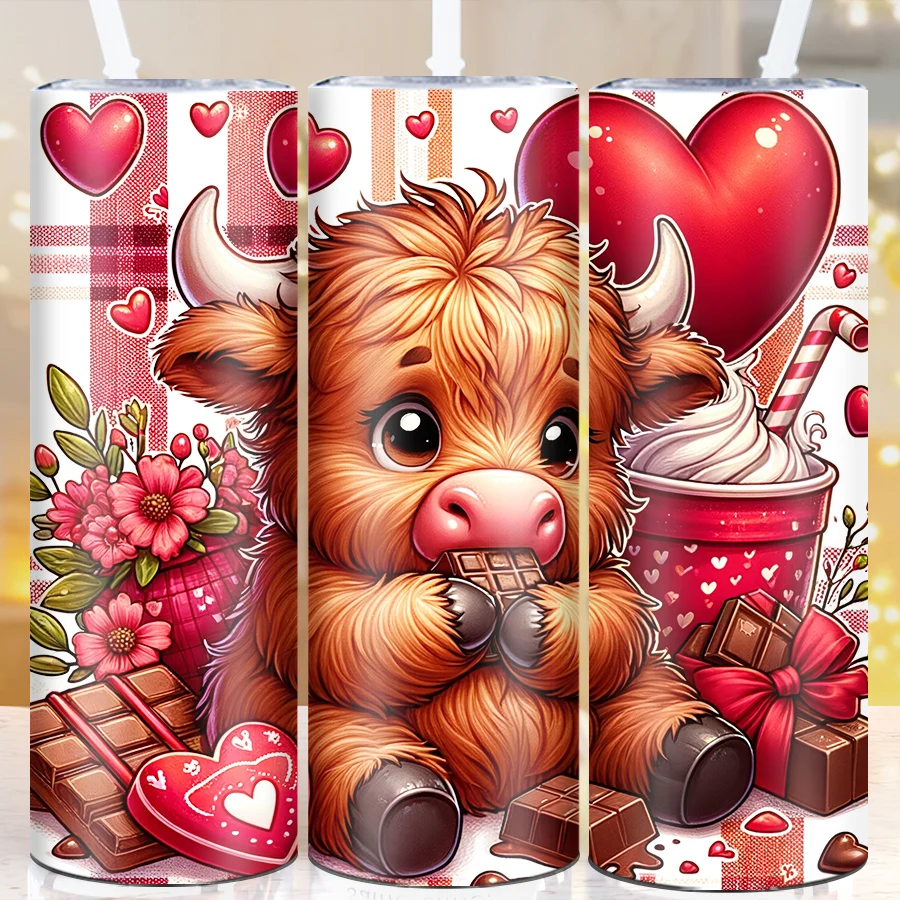 1Pc 3D Print Highland Cow & Chocolate Party Vacuum Straw Lid Cups Valentine's Day Style Coffee Tumblers Hot Cold Insulated Mugs