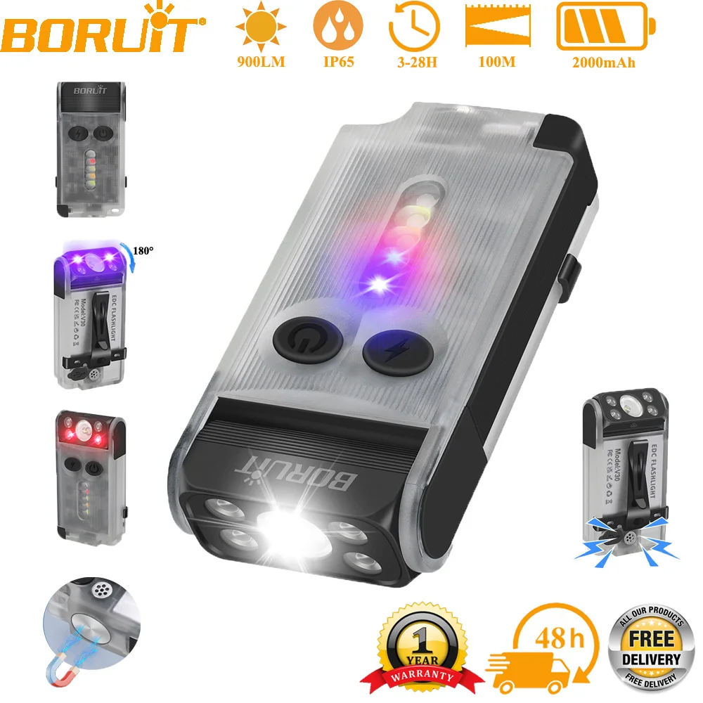 BORUiT V30 UV EDC LED Flashlight Multifunctional Keychain Light Type-C Rechargeable with Beep Power Bank Camping Pocket Lantern
