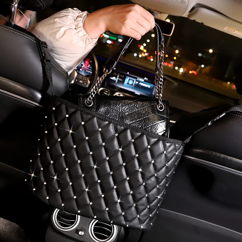 Bling Crown Rhinestone Car Center Seat Storage Bag Diamond Leather Multifunctional Car Seat Back Hanging Bag for Handbag Pocket