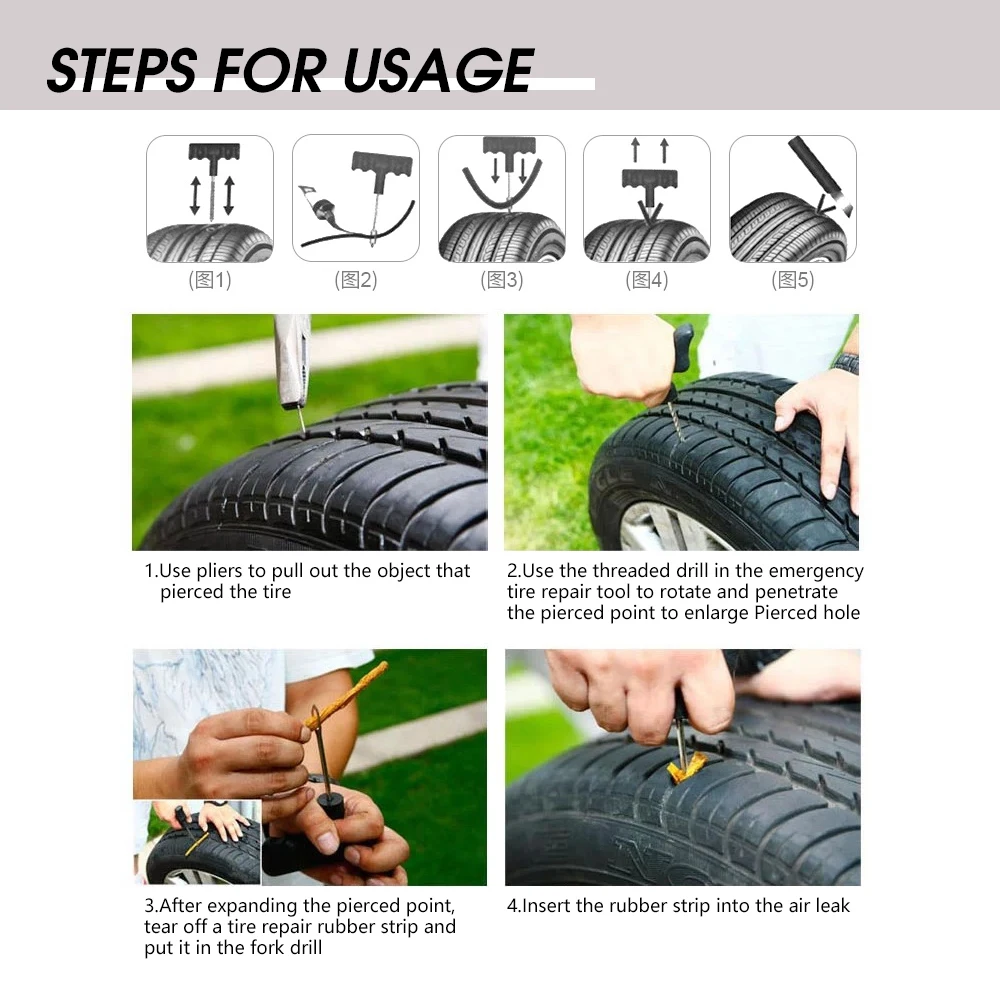 Car Tire Repair Tool Kit with Rubber Strips Tubeless Tyre Puncture Studding Plug Set Motorcycle Bike Truck Repair Accessories