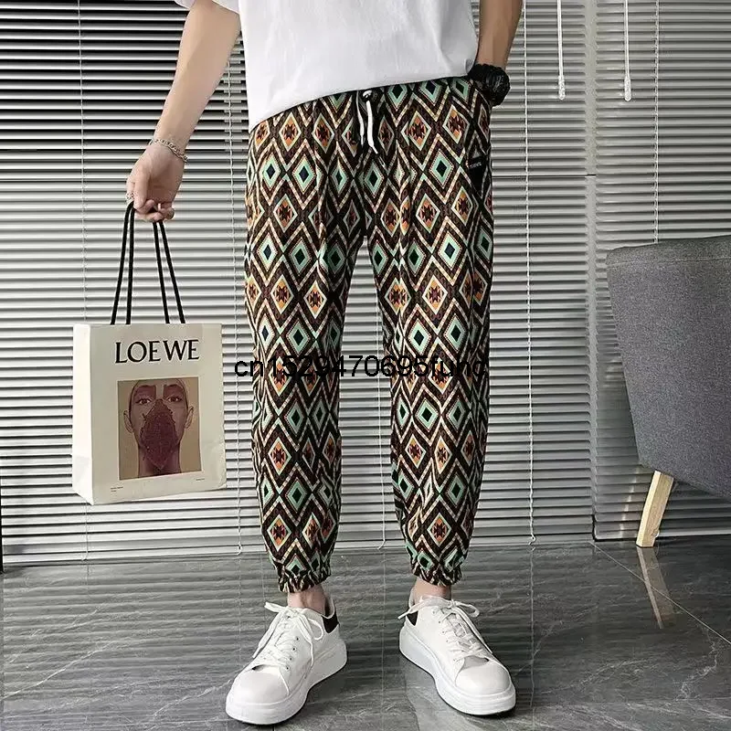 Striped Casual Trousers Men\'s Thin Cropped Pants Trendy Brand 2024 New Ruffian Handsome Ice Silk Men\'s Harun Pants All-match