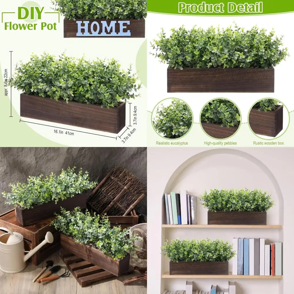 

Деревянная кашпо-ящик в деревенском стиле с 2 искусственными растениями эвкалипта, зелень для горшечных трав или декора свадебных столов, зеленый