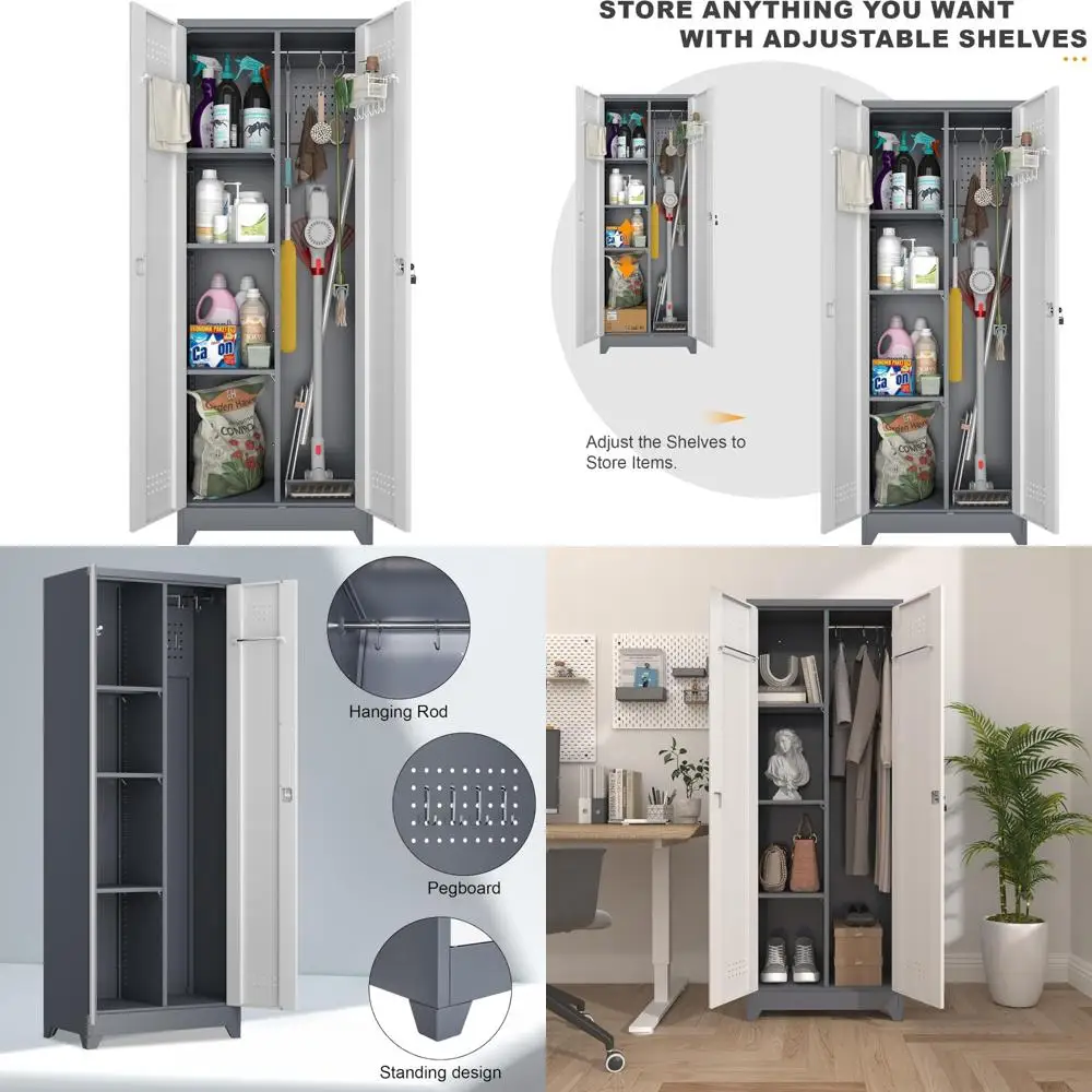 Шкаф-органайзер для метлы премиум-класса с 65 отделениями, металлическим каркасом, подвесным стержнем и регулируемыми полками для эффективного чистки и хранения