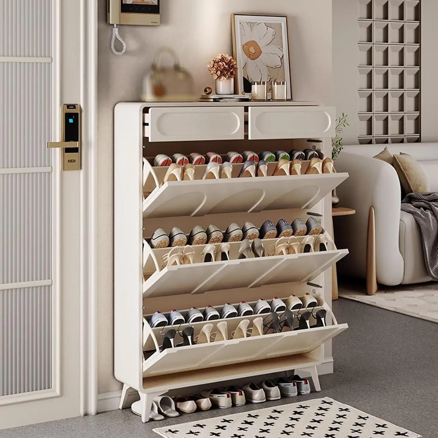 

Hallway Shoe Cabinet Modern White Freestanding Shoe Rack with 3 Fold-Up Drawers Narrow Shoe Organiser for Entryway