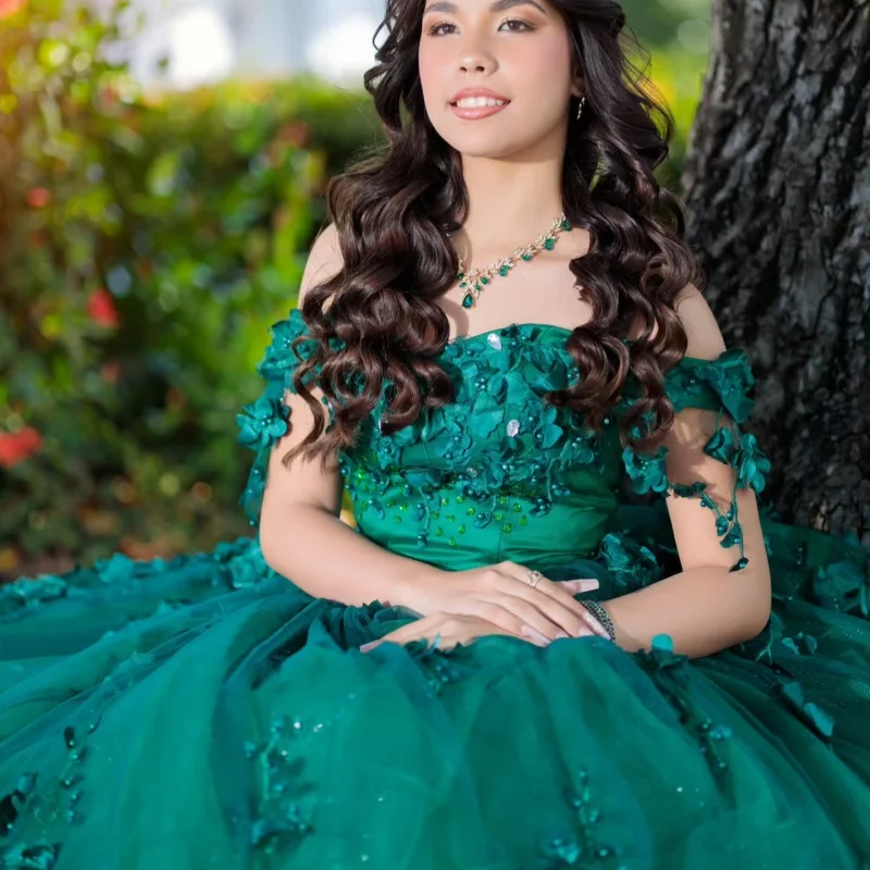 Dark Green Quinceanera Dress off-shoulder Glitter 3D Flower Decal Long tail vestidos de 15 Quinceanera Customize