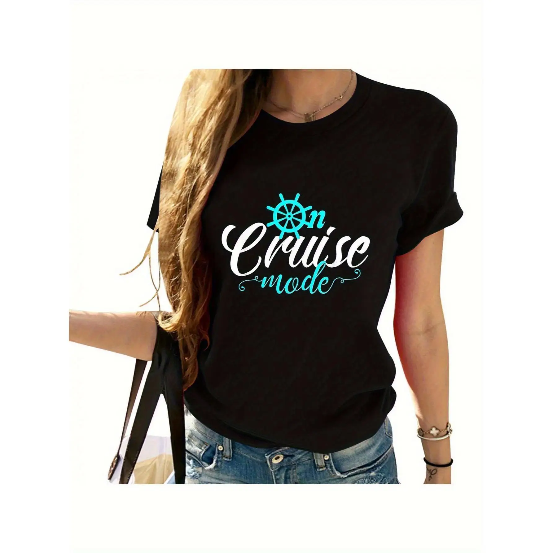 

"On Cruise Mode" Graphic T-Shirt for Women, Casual Summer Travel Tee, Funny Vacation Holiday Tops for Cruise Lovers