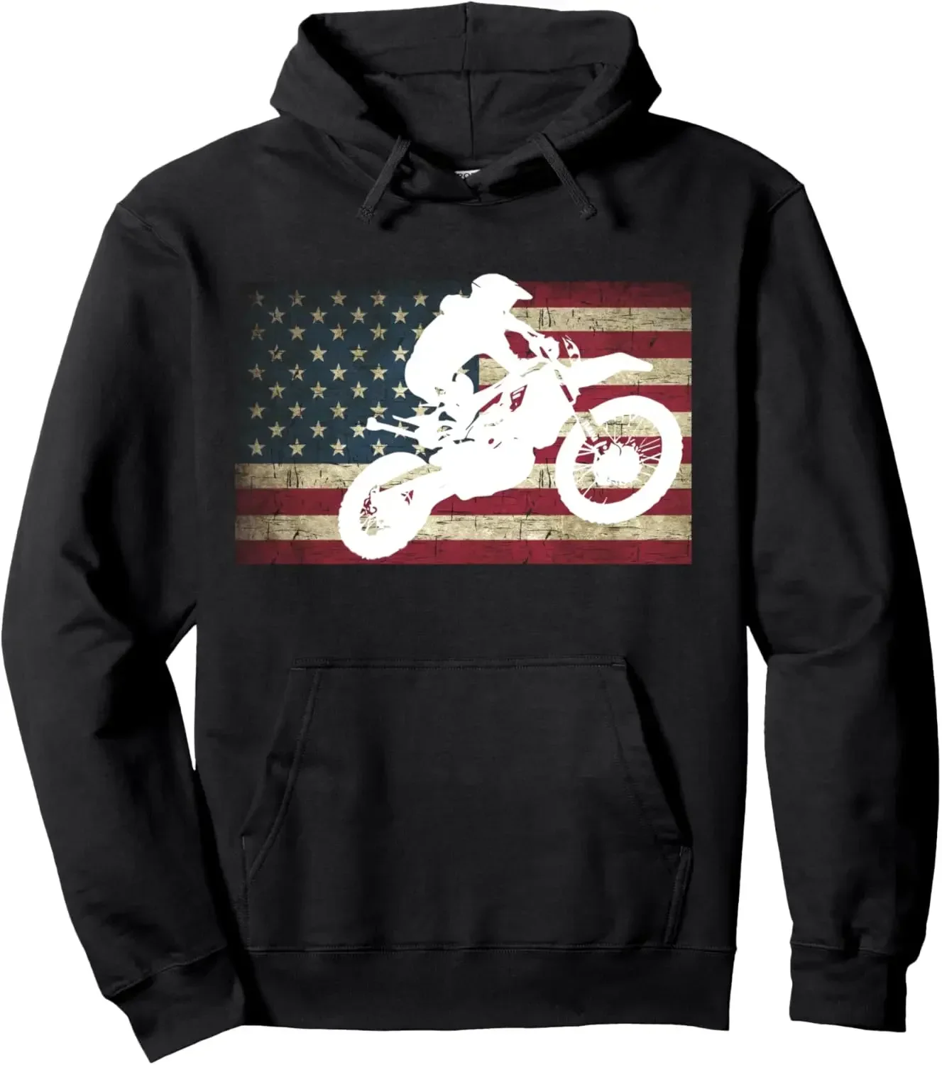 Dirt Bike Silhouette Distressed American Flag Motocross Pullover Hoodie