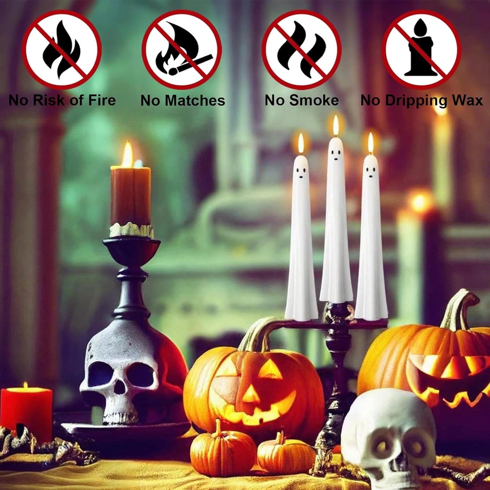 Ghost Shaped Plastic Candles Battery Operated 2/4/6 Pack White Spooky Candles LED Candles Set Halloween Dinner Decoration Indoor