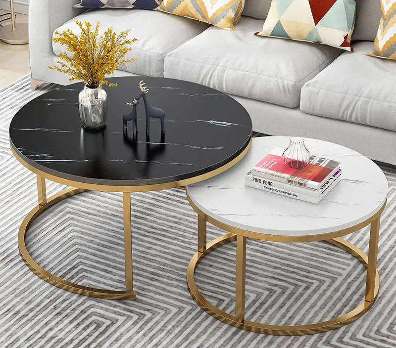 Living Room Furniture Black White Gold Metal Nordic Luxury Round Design Modern Marble Top Tea Table Set Coffee Table