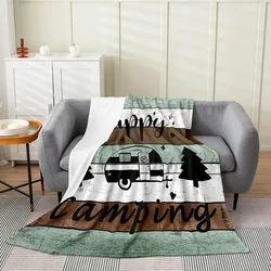 Camper Plush Throw Blanket, Happy Camping All Season Bed Blanket, Rustic Wooden Green White Flannel Fleece Blanket, Gift