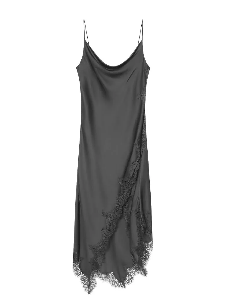 HH mujer verano moda seda satén textura multicapa encaje decoración Sexy Sling vestido femenino cómodo elegante vestido Midi