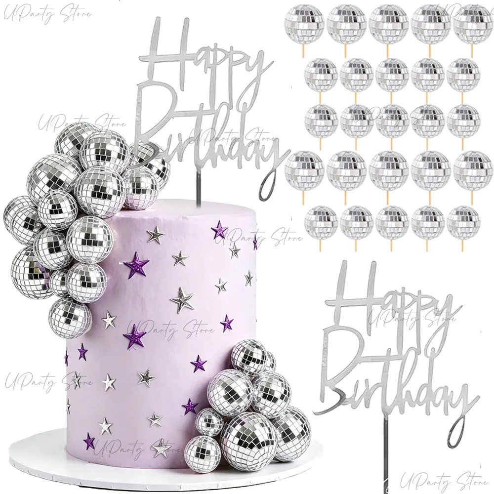 26pcs Disco Happy Birthday Cake Toppers Pink Silver Disco Balls Picks for Birthday Anniversary Cupcake Cake Decoration Favor
