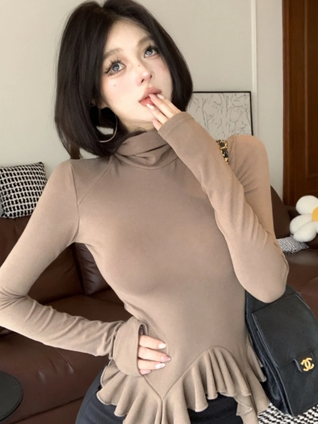 

Fashionable Long Sleeve High Collar Women's T-Shirt with Ruffle Waist Cinching Irregular Hem Base Shirt Sexy Sash Top