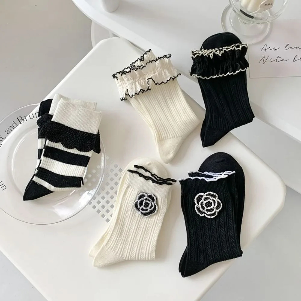 Comfortable Soft Frilly Thick Sweet Trendy Cute Women Camellia Socks Korean Style Socks Middle Tube Cotton Hosiery