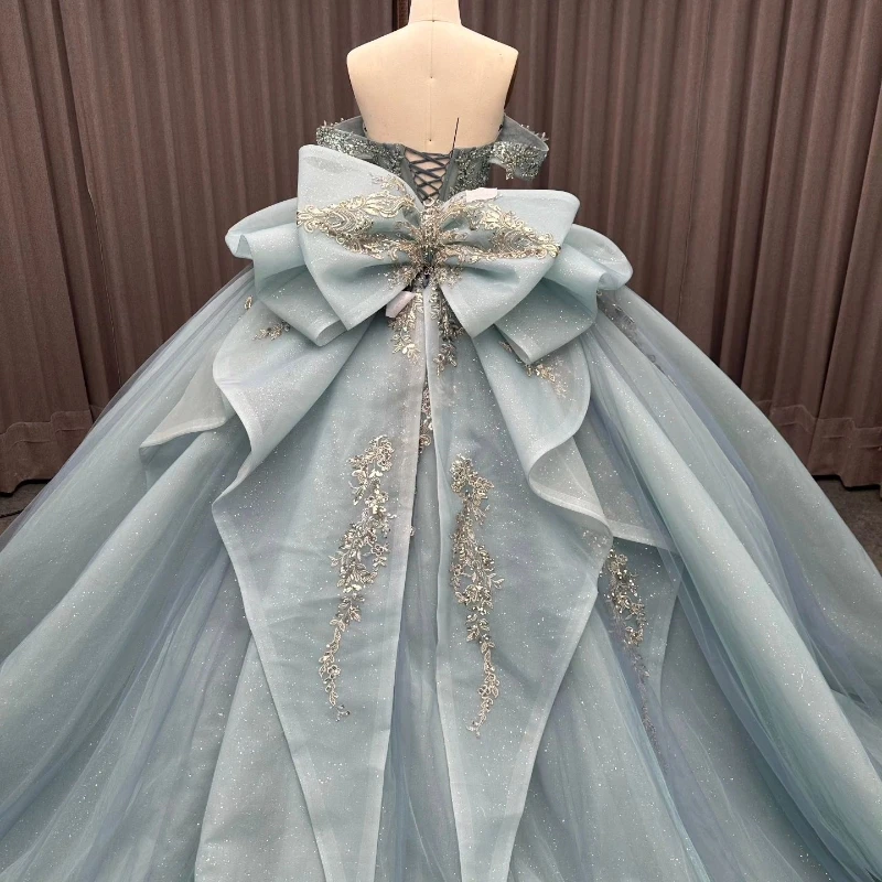 Vestidos De quinceañera brillantes De color azul marino claro De lujo, apliques De cuentas De cristales, Vestidos De tul con lazo De 15 Anos, corsé para fiesta De cumpleaños Swe