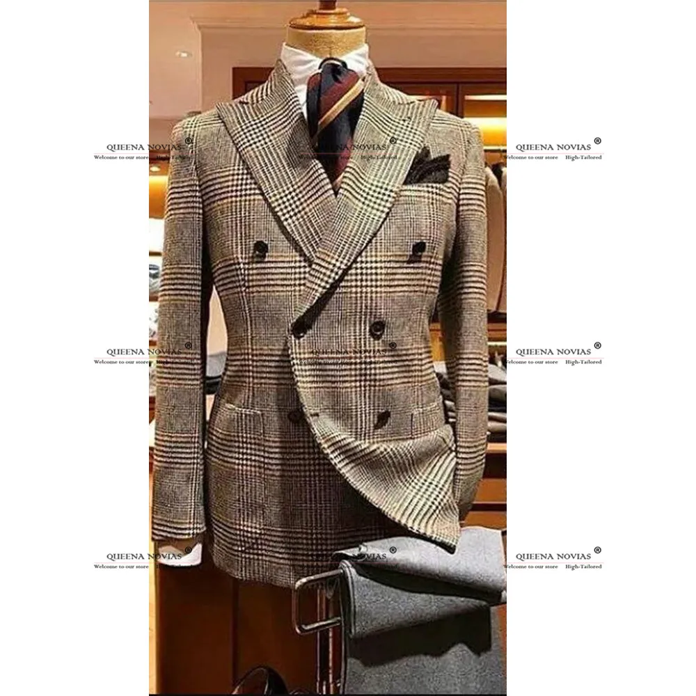 England Style Wedding Suits Double Breasted Houndstooth Prom Blazers Customized 2 Pieces Set Groom Formal Party Tuxedos Slim Fit