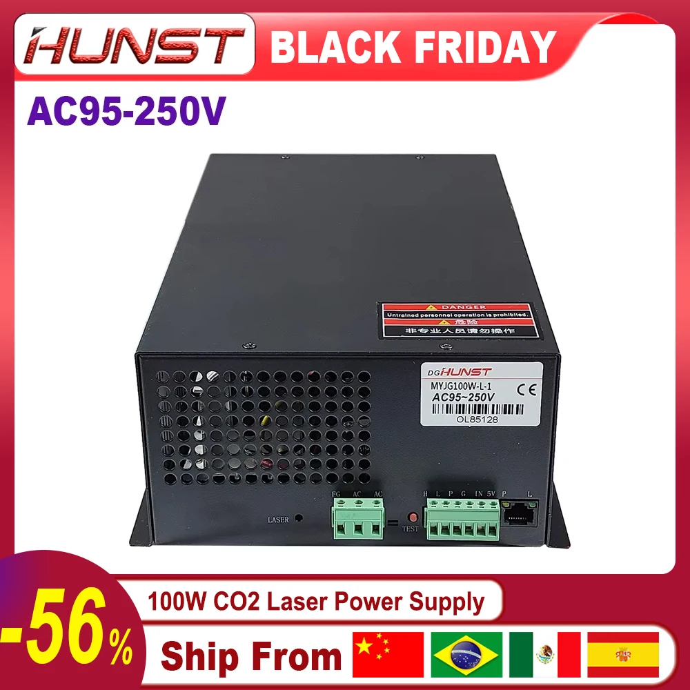 HUNST CO2 Laser Power Supply MYJG 100W Supports 95~250V Voltage and is Used for 80-100W Laser Engraving and Cutting Machines.