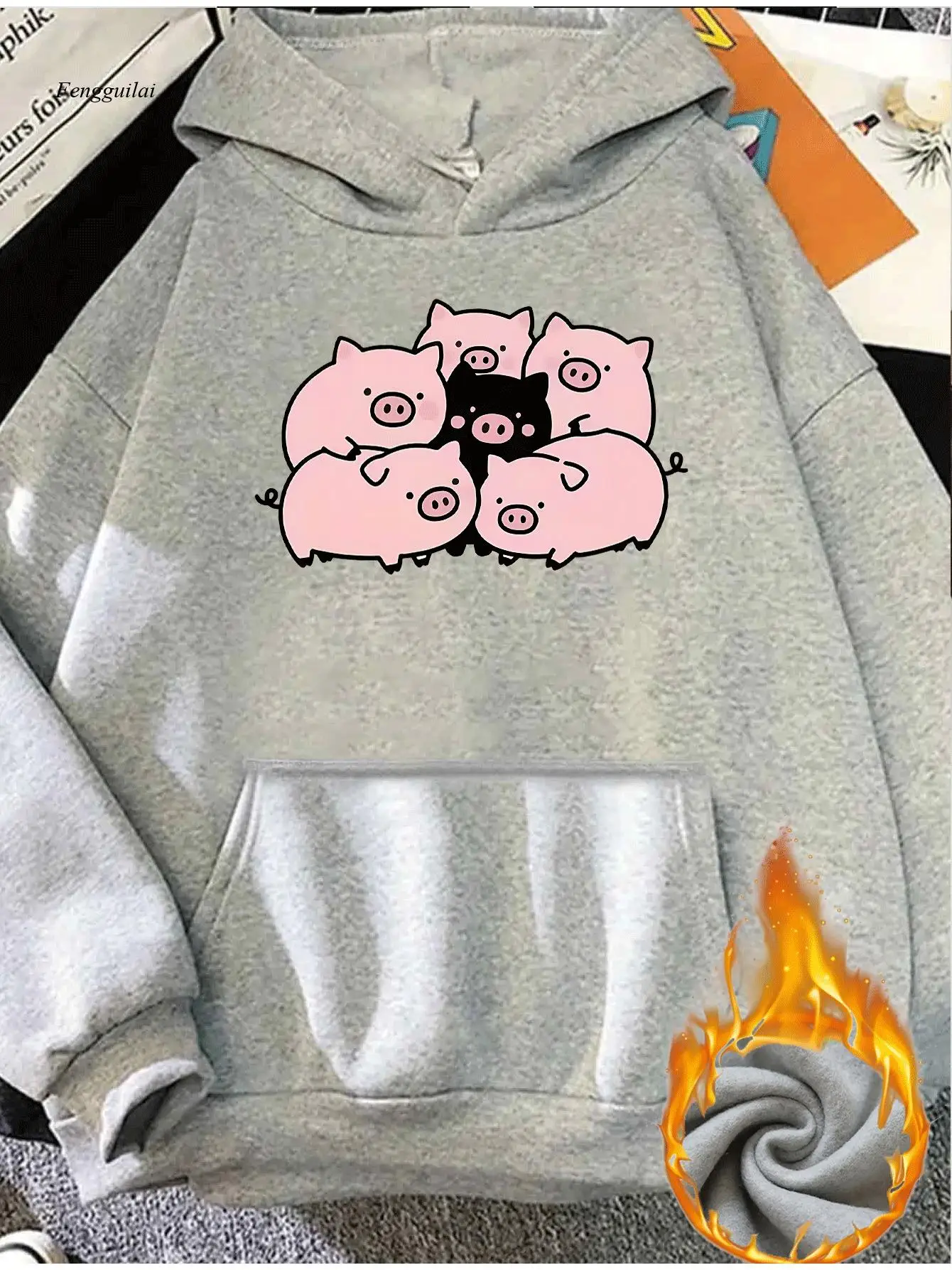 Pink Hoodie with Cute Pig Print (Pink & Black) - Plus Size Cozy Pocket Sweatshirt, -Like Hooded Sweater