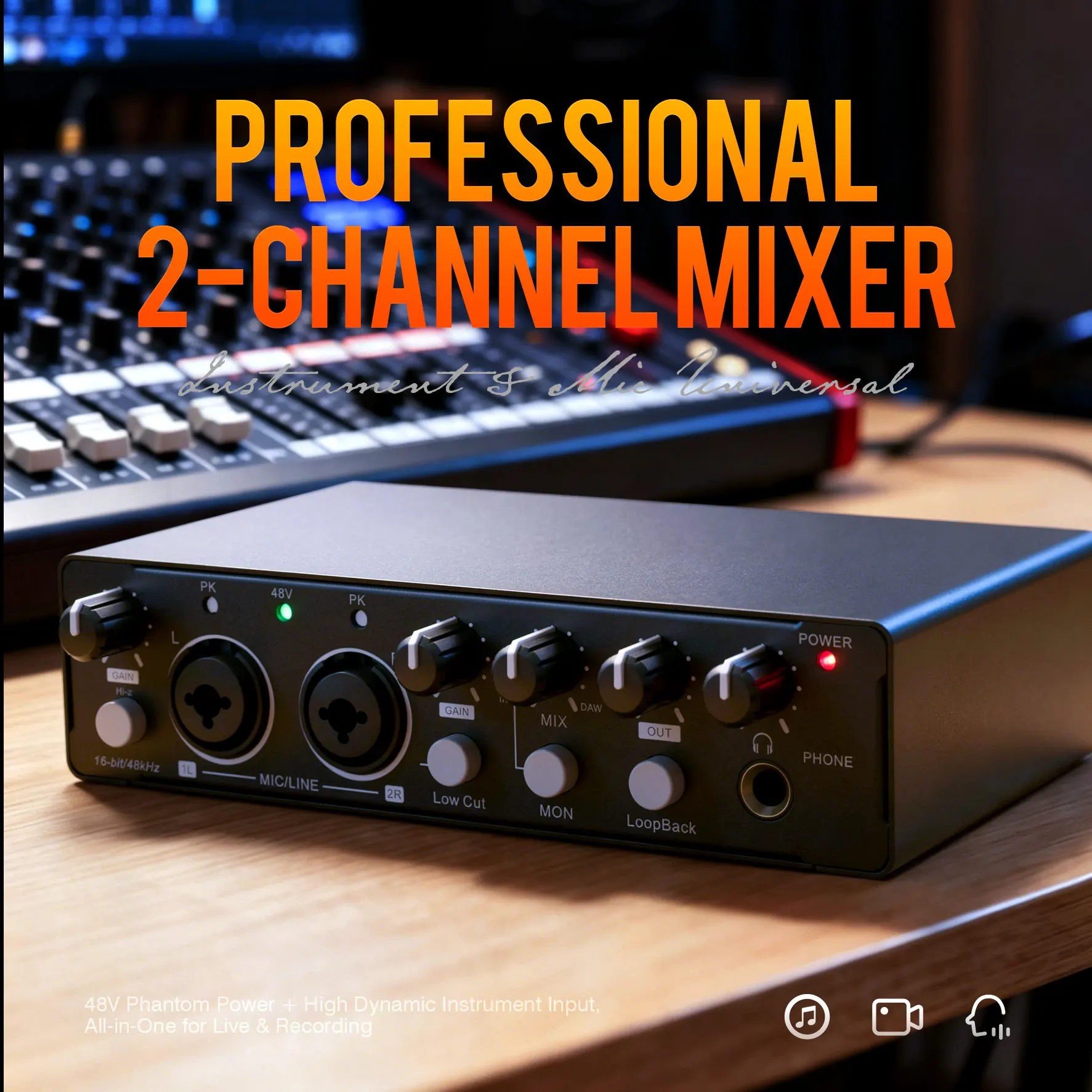 Professional 2-Channel Audio Interface Sound Card 48V Phantom Power USB Recording Soundcard For Guitar Vocal Podcast Streaming