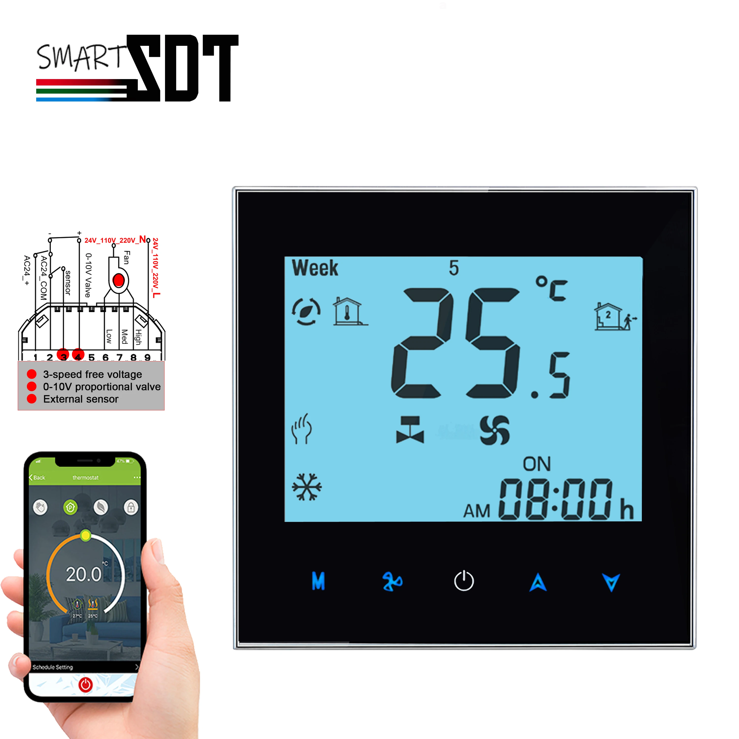 

1-Valve 0-10V Modulation Thermostat for WIFI RS485 3-Fan Speed Dry Contact Free Voltage Working Dual Sensor Detection