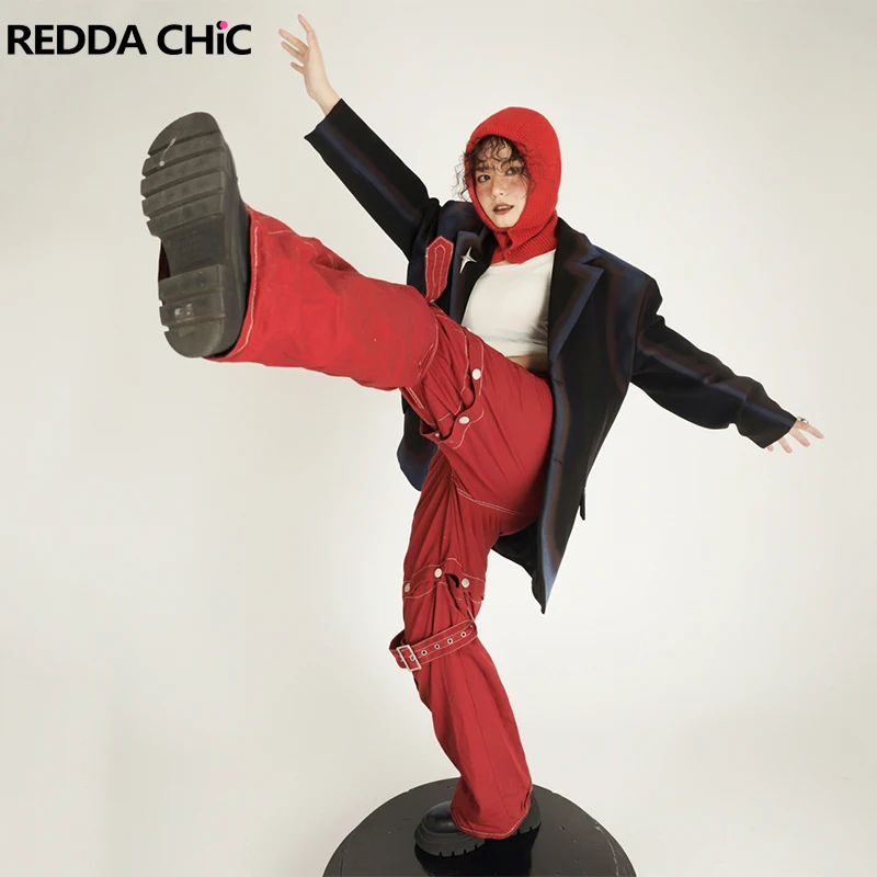 

Женские брюки-карго REDDACHiC со съемными штанинами, модные красные однотонные брюки с поясом, прямые широкие брюки с низкой талией, повседневные брюки в стиле Y2K, ретро-уличная одежда