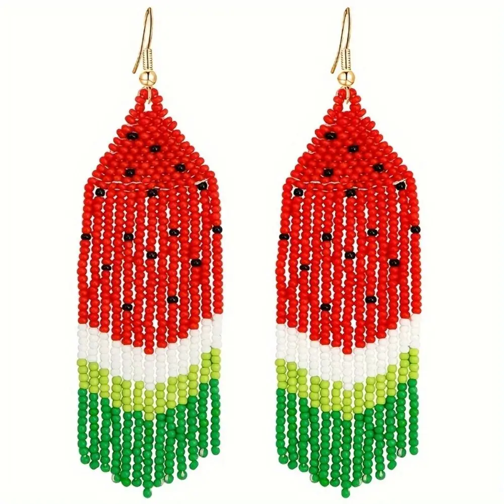 Bohemian Style Beaded Tassel Earrings Handmade Colorful Dangle Drop Earrings Watermelon Fruit Cute Tiny Beads Jewelry Vacation