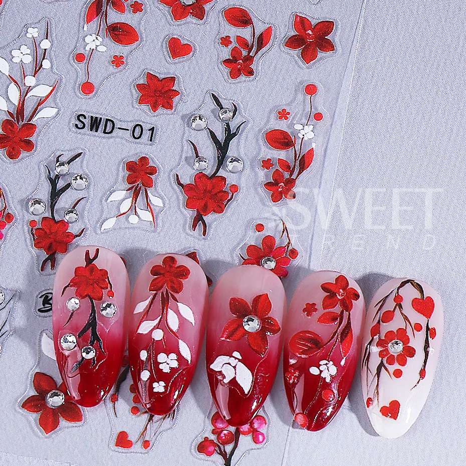 2 個エンボスフラワーネイルアートステッカーラインストーン付き赤い花びらネイルデカール自己粘着スライダーマニキュアデコレーション