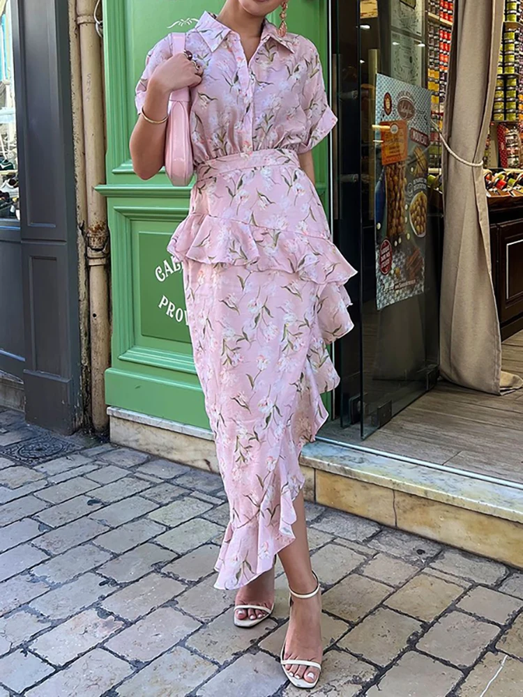 Abito da festa irregolare con bottoni alla moda da donna Elegante abito a camicia con volant con risvolto con stampa floreale Abito lungo casual a maniche corte con orlo sottile