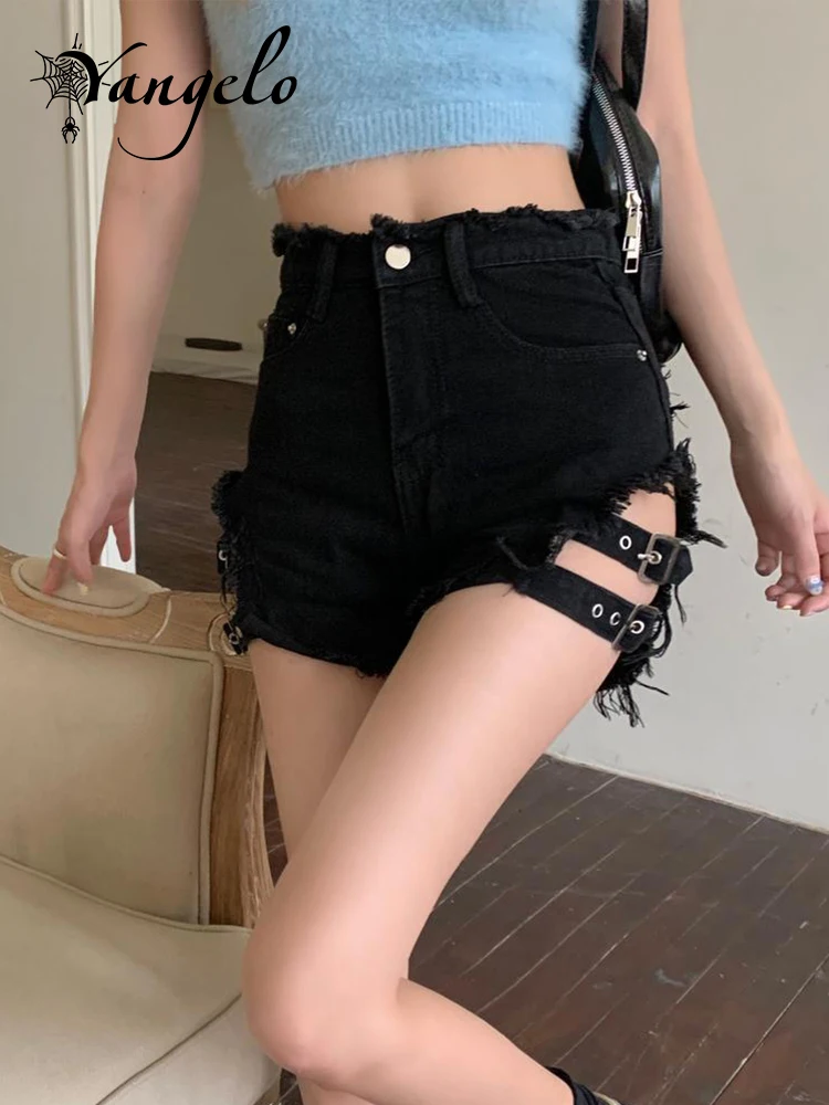 

Summer Sexy Denim Shorts Women Hollow Out Bandage Punk Rock High Waist Shorts