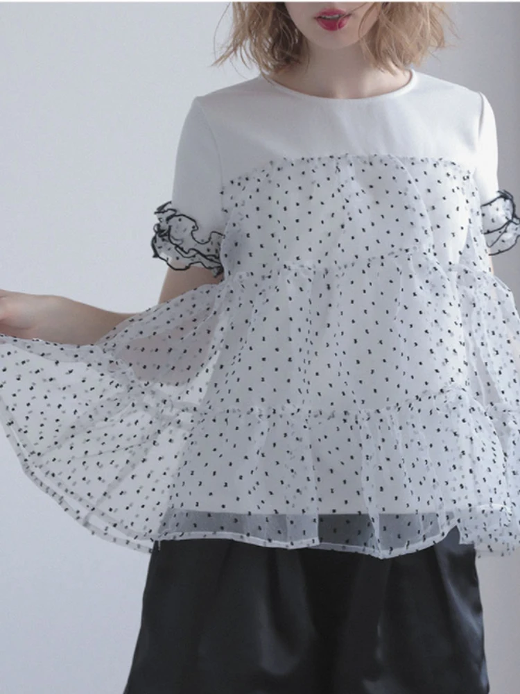 Japanese Style Polka Dot Mesh Splice Short Sleeve Loose Women's T-Shirt Summer Anti-Aging Doll Shirt Versatile Top