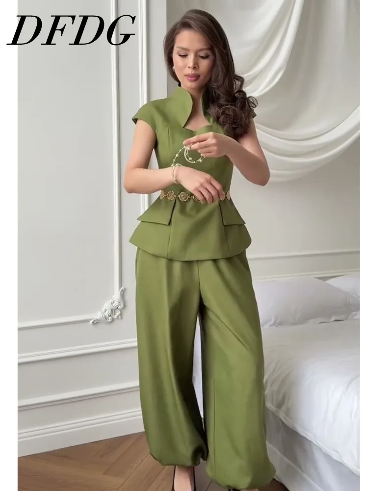 

DFDG Women 2026 Spring Summer Two Piece Outfit Stand Collar Peplum Top High Waist Wide Leg Pants Set Elegant Office Formal Set