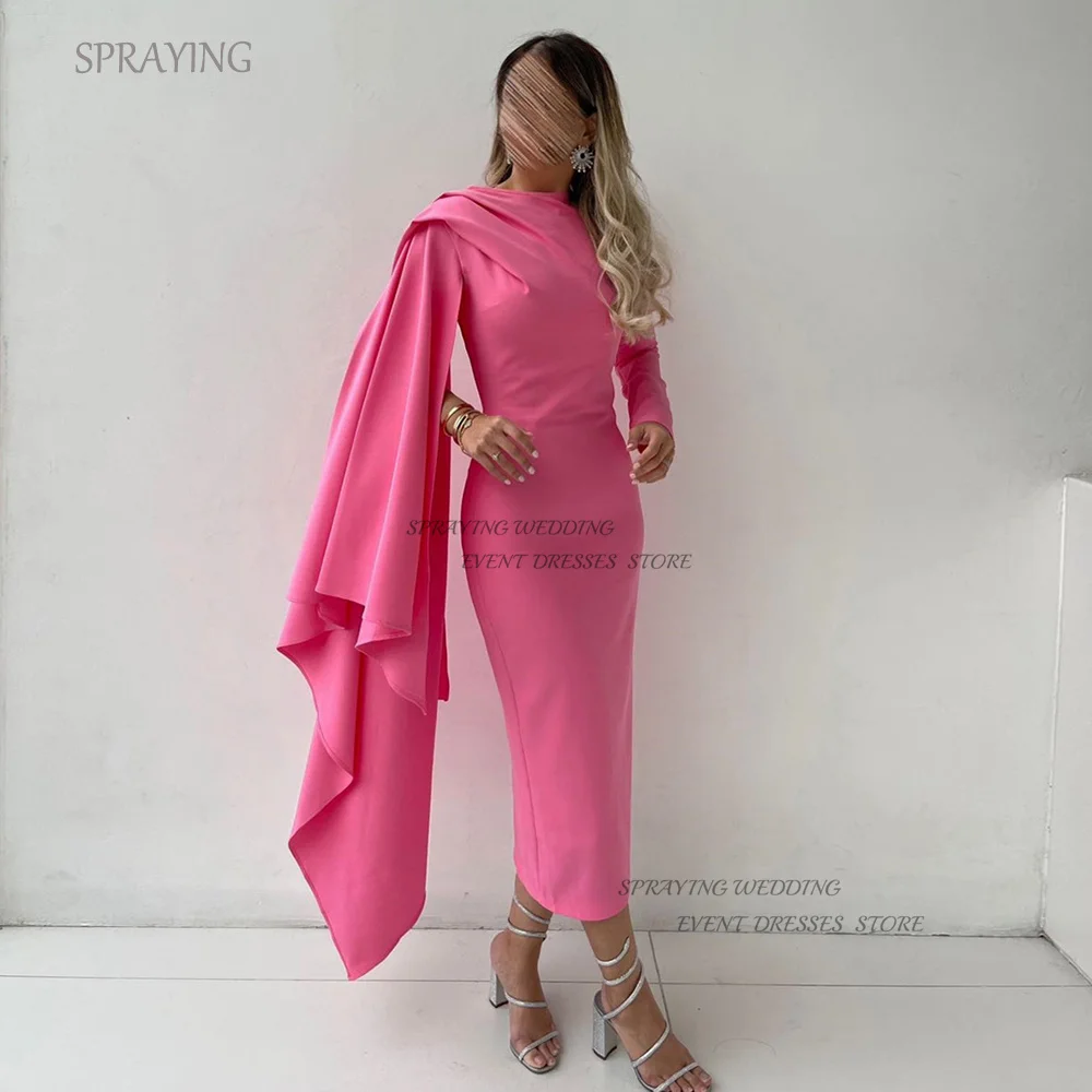 

SPRAYING Mono Prom Gown فساتين للمناسبات الرسمية Sheath Tea-Length Full Sleeves Evening Dresses Soft Satin Custom Made Party