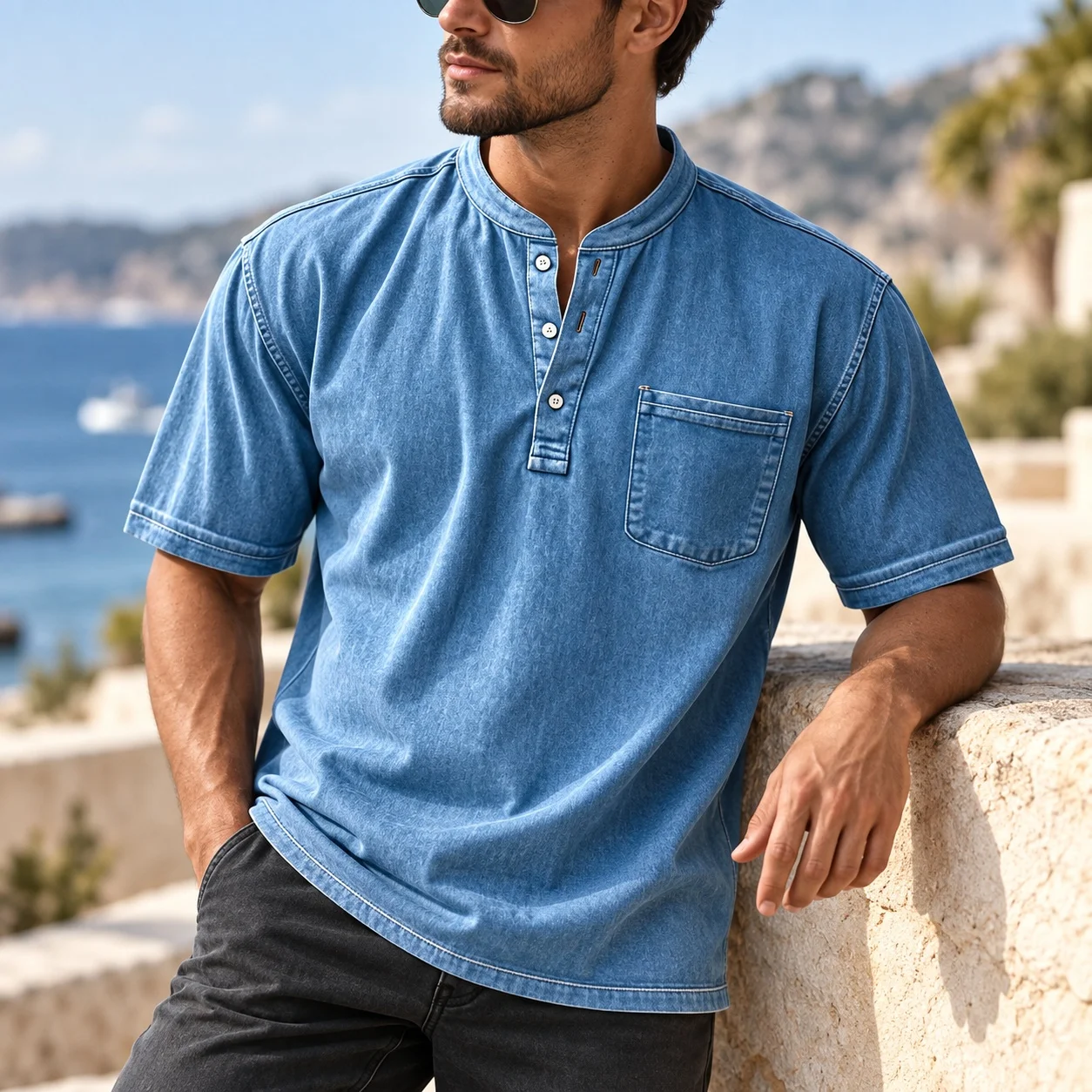 Short Sleeve Casual T Shirt Loose Fit Light Mature Casual with Pocket Polo Shirt Printed Summer Polo Collar Pullover for Men