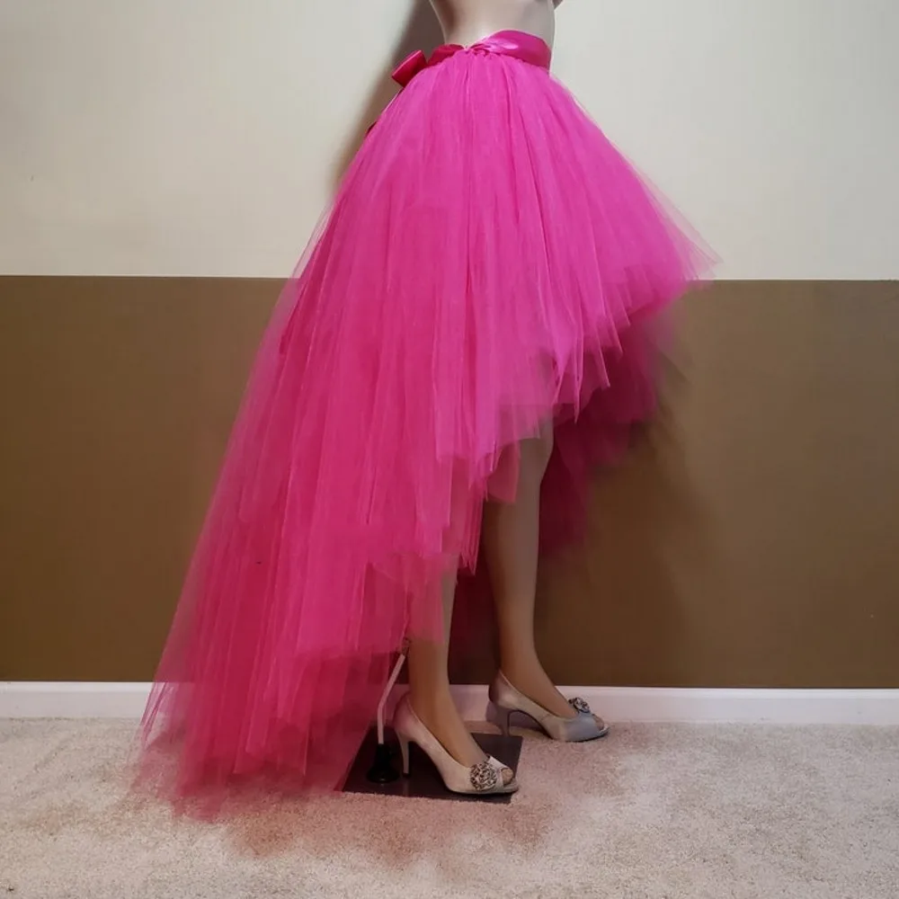 Real Image Fuchsia High Low Long Tulle Skirts With Ribbon Sash Floor Length Long Tutu Tulle Women Skirt Maxi Skirt