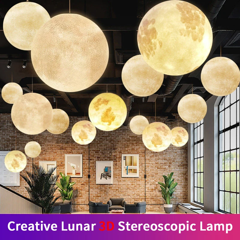 LED 3D Printed Moonlight Pendant Light, Living Room, Dining Room, Children's Room, Bedroom Pendant Light E27 Bulb, Lunar Planet