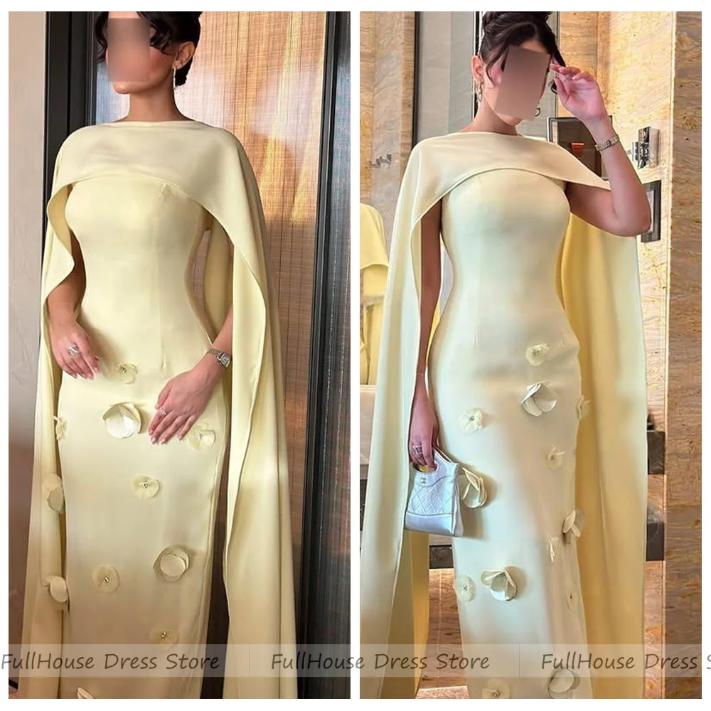 

Custom Made Fantastic Boat Collar 3D Flowers Sheath Sexy Evening Gown Maxi Length Backless Saudi Arab Dress with Cape سعيد